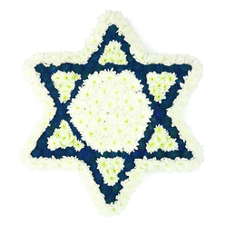 This image shows an elegant Star of David funeral flower arrangement that appears almost like a piece of geometric art, set against a pure white backdrop so the structure stands out with clarity. The star is composed of hundreds of small, fresh blooms pressed closely together, giving the surface a thick, velvety texture that invites the imagination to feel each petal. A fluffy outer edging of snow-white chrysanthemums marks the outline of the six-pointed star, softening the sharp angles with a halo-like border. Inside, the central hexagon is completely filled with the same white flowers, forming a quiet, luminous heart to the design. Surrounding this core, the six arms of the star are filled with densely packed dark blue to indigo blossoms, their deep hue suggesting reverence and solemnity. At the inner base of every blue arm, a smaller white triangle is carefully inlaid, creating a repeating motif of white shapes held within the darker sections. This interplay of white and blue, both traditional Jewish colours, feels both symbolic and soothing. The piece reads clearly as a Jewish sympathy tribute, intended for a funeral service, memorial, or shiva visit. You can imagine this arrangement being delivered with care to a home or synagogue around Canonbury, perhaps just off Essex Road or near the quiet streets leading towards Islington Green, by local florists who understand how important it is for the Star of David to be crisp, respectful, and beautifully balanced in moments of mourning.