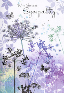 This sympathy card presents a calm, contemplative scene, as if the gentle stillness of an early morning in Canonbury had been captured in watercolour. Tall, slender wildflower stems reach upward across the page, their umbelliferous heads finely detailed yet gossamer-light, painted in layered shades of violet, muted purple, and soft blue-grey. The petals appear almost transparent at the edges, giving a sense of motion, as though a mild breeze were drifting along Douglas Road or through the gardens off Canonbury Square. Behind the flowers, a wash of silvery greens and lavender tones merges seamlessly, creating a misty backdrop that softens every line and invites quiet reflection. Two or three butterflies float among the blossoms, their delicate wings barely defined, lending a suggestion of gentle companionship and hope that does not demand attention but offers quiet reassurance. The light in the illustration feels diffuse, like clouds filtering the sun, casting no harsh shadows-just an even, comforting glow. The design carries an understated elegance, the kind of refined simplicity we often aim for in condolence flowers delivered across the local area. It holds space for sorrow while also hinting at healing, making the card a thoughtful way to say, without many words, that the recipient is remembered, cared for, and surrounded by nature's soft, enduring beauty.