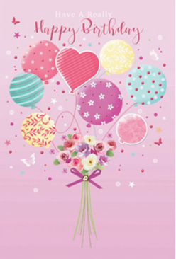 Whimsical birthday artwork featuring pastel balloons and a petite hand-tied bouquet, illustrated with the relaxed elegance you might associate with a peaceful afternoon in Canonbury. The background is a soft, powdery pink, providing a calm canvas for a floating cluster of balloons in shades of blush, seafoam, lemon, and lilac. Each balloon has its own decorative rhythm: candy-like stripes curl around some, tiny polka dots and scattered florals dance across others, while a single heart-shaped balloon glows at the centre, quietly suggesting love and celebration. Below, as if anchored gently to the balloons, sits a small garden-style bouquet made of delicate roses and daisy-like flowers, their petals shaded from creamy ivory to rose pink and dusky mauve. The heads of the blooms nestle closely together, creating a lush, rounded silhouette you could imagine being crafted by an experienced florist just off Upper Street. The flowers feel soft and velvety, their imagined fragrance light and sweet, the sort of scent that lingers after a birthday gathering at a Canonbury Square townhouse. A vivid purple satin bow ties the stems, catching glimmers of light much like the subtle sheen on the balloons above. Little butterflies and twinkling star motifs flutter around the arrangement, adding movement and a sense of playful magic. The entire scene radiates gentle joy, turning a simple birthday card into a keepsake moment, reminiscent of a thoughtfully arranged bouquet delivered across Canonbury and neighbouring Highbury for someone's special day.