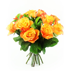 A lush bouquet of approximately twelve orange and yellow bi-colour roses is centred against a crisp white background, creating a striking yet soothing composition that feels both modern and timeless. Each rose is given space to breathe, yet they cluster closely enough to form a generous, rounded dome, with every bloom turned slightly outward as if greeting the viewer. The petals begin in the middle with a clear, lemony yellow, then melt into golden apricot before deepening into rich tangerine and sunset orange towards the tips, some petals holding a faint red-orange blush that recalls the warm glow over Canonbury's tree-lined terraces on a late summer evening. The roses vary very slightly in openness: most are at full bloom, their petals curling softly back to reveal intricate, layered hearts, while a few sit just a touch tighter, lending the bouquet a feeling of continued freshness and life. Around and between the blossoms, polished, deep green leaves create a natural frame, their gently veined surfaces catching the light and offering a palpable contrast to the velvety rose petals. The stems below are gathered neatly in a tight, straight bundle, freshly trimmed, hinting at the careful craftsmanship of an experienced neighbourhood florist used to preparing bouquets for homes and studios around Canonbury, De Beauvoir, and nearby Islington streets. The clean white background and even lighting eliminate distraction, allowing the vivid, warm colours to shine and giving the sense of a bouquet that would instantly brighten a dining table or desk. There is an uplifting, encouraging mood in this arrangement, ideal for sending congratulations, offering encouragement, or marking a joyful milestone for someone special in N1.