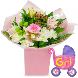 Set against a clean white background, this new baby girl floral gift set feels like a gentle celebration captured in a single image. A tall, pale-pink gift box takes centre stage, its edges softened by layers of crinkled blush tissue paper and glistening clear cellophane that cradle a generous, hand-crafted bouquet. At its heart, a vivid pink gerbera daisy draws the eye, its velvety petals forming a perfect halo of colour. Around it, snowy white chrysanthemums create a pillowy base, each flower composed of countless fine petals that add a sense of softness and comfort, like a cosy nursery blanket. Slender stems of light pink and white speckled alstroemeria weave through the arrangement, some blooms fully open, others just unfurling, while creamy yellow lily buds rise slightly above the rest, hinting at fragrance and beauty still to come. Nestled between the blossoms are clusters of bright green textured button flowers, providing playful contrast, and rich red hypericum berries that introduce a deeper, jewel-toned accent. Polished dark green leaves and delicate ferns spill over the sides, suggesting the freshness of flowers sourced that same morning, perhaps on a route through Canonbury's residential streets toward Upper Street. The bouquet feels both abundant and thoughtfully composed, like something crafted by Canonbury Flowers for a proud family welcoming their little girl. To the right, a gleaming foil balloon in the shape of a classic baby stroller adds a cheerful finishing touch. Its body is a vibrant pink, topped with a purple hood and matching purple wheels adorned with multicoloured spokes. Bold yellow and green letters spell out "It's a Girl!", with tiny pink hearts echoing the joy. The overall impression is one of tender excitement, perfect for baby showers, hospital deliveries, or first days at home in Canonbury.