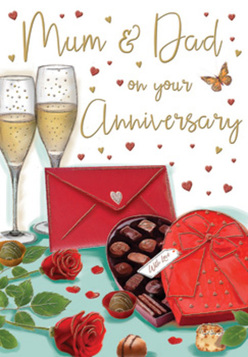 Romantic anniversary card illustration evoking an intimate celebration, as if set for devoted parents in a Canonbury living room after dinner. Two elegant champagne flutes stand side by side in the background, filled with pale golden fizz that rises in tiny streams of bubbles, catching the light like fairy dust over the New River Walk. In front, a rich red heart-shaped box of chocolates sits open, its lid edged with an opulent scarlet bow that drapes gracefully across the scene. Inside, neat rows of dark and milk chocolates invite sharing, some pieces already placed on the table for tempting little tastes. To the left, a pair of red roses, petal-heavy and freshly cut, rest upon glossy green foliage, the kind of perfectly opened blooms a Canonbury florist would select for a milestone anniversary. Their velvety texture is almost tangible, offering an imagined fragrance that mingles with the idea of sweet cocoa. Scattered around are tiny hearts in tones of crimson and shimmering gold, swirling across the softly shaded background and circling the hand-written message dedicated to "Mum & Dad." A bold red envelope lies nearby, sealed and ready, suggesting loving words penned in careful script. The lighting is warm, almost sunset-like, touching the glass, ribbon, and petals with a gentle glow, so the whole composition feels both sophisticated and homely. It captures that quiet, heartfelt moment when parents pause to celebrate their shared years, with champagne ready to clink, chocolates to savour slowly, and roses echoing the enduring tenderness of their story.