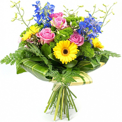 An exuberant mixed bouquet stands out crisply against a clean white background, its colours reminiscent of a bright spring morning in Canonbury. At the heart of the design, full-headed pink roses unfurl their smooth, layered petals, creating a soft, romantic focal point that feels both modern and timeless. Nestled among them are sunny yellow gerbera daisies, their open faces and dark central disks giving the arrangement a playful spark, like flashes of sunshine reflecting off garden railings along Canonbury Square. Shooting upward behind these round, welcoming blooms, tall stems of vivid blue delphinium introduce cool, elegant vertical lines, each tiny blossom adding to a sense of height and airiness. Surrounding this trio of signature flowers, an abundance of greenery creates a lush, almost garden-like atmosphere: delicate fern fronds arch lightly beyond the outer edge, while glossy, deep green tropical leaves anchor the base and frame the brighter petals. Several of these leaves are wrapped artfully around the lower part of the arrangement, forming a structured green cuff that holds the stems in a tidy collar. Between the larger foliage pieces, smaller tufts of bright green filler and fine stems tipped with unopened buds provide intricate texture and the promise of more blooms to come. The stems are gathered tightly and bound with simple twine, emphasising the hand-tied, freshly made nature of the bouquet. The overall impression is of a joyful, contemporary arrangement that would sit beautifully on a dining table just off Upper Street, ready for same-day flower delivery to celebrate birthdays, promotions, or spontaneous moments of appreciation.