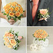A single, perfectly formed peach rose sits at the lapel in this close-up, the boutonnière composed with the same considered hand that Canonbury Flowers brings to every wedding in the area. The rosebud's petals are compact, velvety and suffused with warm coral-amber tones, embraced by tiny sprigs of white gypsophila that scatter like a delicate dusting of lace. A slender flourish of greenery adds a cool, leafy counterpoint to the warmth of the bloom, while a small peach-coloured ribbon bow at the base mirrors the groom's tie and lifts the composition with a modern, tailored flourish. The suit fabric reads dark-charcoal or deep navy-its matte texture framing the glossy surface of the rose and the crispness of the groom's white shirt beneath. Light catches the edges of the petals and the tiny blossoms, emphasizing texture: the rose's soft curves, the airy pinpricks of baby's breath, and the neat twist of the ribbon. There is an intimate, human scale to this detail; placed close to the heart, it speaks of care, tradition and quiet ceremony. For couples marrying in Canonbury or celebrating at nearby venues off Essex Road and New River Walk, this boutonnière suggests an attention to colour harmony and proportion that ties the bridal party together-small, scented, and resolutely personal in the way it marks the day.