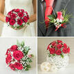 This four-part wedding collage captures a complete red rose and baby's breath theme, as if planned for a romantic Canonbury ceremony and reception. In the top-left panel, a bride in a classic white lace dress gently holds a rounded bouquet of rich crimson roses, each bloom tightly clustered and edged with airy white baby's breath. Deep green leaves peek through the flowers, offering contrast and a sense of freshness, as though the bouquet has just been gathered for a ceremony on a quiet street off Canonbury Road. The light is soft, flattering the textures of lace and velvety petals, and emphasising the bouquet's full, balanced shape. In the top-right image, the groom's boutonniere takes centre stage. Pinned neatly to the lapel of a dark grey suit worn with a bright red tie, it features a single red rosebud amid sprigs of baby's breath, slim green leaves, and a subtle flourish of wispy grass. A narrow red satin ribbon wraps the base, tying the look back to the bride's flowers. The bottom-left frame shows a second lavish bouquet, closely echoing the bridal design, resting on a light grey, slightly textured background. The stems are bound with red and white striped twine, hinting at careful hand-tying you might expect from a specialist Canonbury florist. Finally, the bottom-right panel highlights a compact table centerpiece: a dome of red roses and white baby's breath arranged on a white spherical vase made from woven strands that form an open lattice. Two smaller, off-white decorative balls sit in front, continuing the woven texture and suggesting a coordinated table setting for a reception in a cosy North London venue.