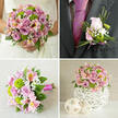 This four-panel wedding collage captures a cohesive floral theme in soft pinks, lilacs, and fresh greens, the sort of thoughtful styling often requested by Canonbury couples planning a ceremony near New River Walk. In the top-left image, a bride in a classic white lace wedding dress holds a lush, round bouquet. The design overflows with pale pink and lavender roses, some tightly furled, others fully open, surrounded by bright green button chrysanthemums, gentle pink alstroemeria dusted with tiny yellow freckles, airy white baby's breath, and polished green foliage. The top-right panel focuses on the groom's charcoal-grey suit, where a carefully crafted boutonniere is pinned beside a bold fuchsia tie. This miniature arrangement uses a single light pink rosebud, touches of green chrysanthemum, sprigs of gypsophila, and fine blades of decorative grass, all tied together with a pink ribbon that quietly links back to the main bouquet. Below left, a similar hand-tied bouquet lies horizontally on a light beige, linen-like surface, its stems bound in fuchsia ribbon, revealing the tight spiral of roses and the playful placement of chrysanthemums, alstroemeria, and baby's breath. In the lower-right image, a matching centerpiece sits on a white tabletop: a compact dome of pink and lavender roses, green chrysanthemums, pink alstroemeria, and gypsophila nestled in a white spherical vase with an intricate woven lattice texture. Two small, pale decorative spheres sit alongside it, suggesting how the same floral palette can be echoed across reception tables in a Canonbury townhouse or a tucked-away venue near Upper Street.
