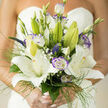 A masterful bridal composition that reads like a small, luminous story in white and violet: large, star-shaped lilies in an almost creamy white take the lead, their velvety petals unfurling with a graceful generosity under soft daylight that feels typical of Canonbury mornings. Interspersed are lisianthus with delicate purple edging; their ruffled forms provide a cool, sophisticated contrast and draw the eye into the bouquet's layered depth. Fine, grassy wisps and slender green threads thread through the arrangement, creating an airy frame that gives movement and keeps the overall silhouette light and elegant. Tiny clusters of baby's breath and the suggestion of small veronica spikes add delicate texture, like paint-splashes of detail against broad floral planes. The scent is a gentle bloom of classic lily sweetness, tempered by fresh green notes that might remind one of early market runs along Essex Road or a slow stroll past Canonbury Square. Each stem has been chosen and placed so it contributes-buds provide upwards promise, open lilies offer gracious presence, and foliage offers contrast and lift-resulting in a bouquet that is at once refined and heartfelt. As a local florist, I picture this carried in a chapel on New North Road or beneath the plane trees by Upper Street, a tactile symbol of ceremony and new beginnings. Canonbury Flowers often crafts arrangements in this vein, prioritising balance, scent, and the quiet confidence of a design made to be both seen and felt.