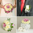This four-image wedding collage captures a cohesive floral story in soft cream, pale yellow, and pink roses, as though curated for a sophisticated Canonbury reception. In the top left panel, the bride, shown from the bodice down, holds a perfectly rounded bouquet that sits neatly against the lace-trimmed front of her white gown. The bouquet is densely packed with cream and buttery yellow roses, deepening into magenta and mauve rose blooms that add depth and romance, while clusters of white baby's breath and peeks of leafy green foliage create gentle texture and movement. It feels like the kind of bouquet carried down a quiet Canonbury side street towards an intimate church or registry office. The top right image narrows in on the groom's boutonniere, pinned sharply to a dark grey suit jacket. A single white rosebud stands at the centre, its petals smooth and luminous, encircled by tiny white filler flowers and a touch of greenery. The stems are tied with a precise white satin bow that mirrors the groom's crisp white shirt, while his vivid red tie adds a confident, contemporary contrast, evoking the energy of nearby Upper Street. In the bottom left panel, a bridesmaid's posy lies on a pale, textured linen surface. The arrangement echoes the bridal bouquet's palette, with cream and pale yellow roses mingling with bright pink roses, airy baby's breath, and relaxed foliage, its stems wrapped in cheerful pink and white striped ribbon that hints at personal, hand-tied craftsmanship. The bottom right panel showcases a compact rose centerpiece resting atop a sculptural white twig sphere, accompanied by two smaller woven balls. The neutral beige background and white tabletop highlight the flowers' colouring, suggesting stylish wedding table decor suited to a modern Canonbury venue or a townhouse garden reception.