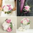 This image shows an entire wedding flower story gathered on a single surface, like a quiet rehearsal before the ceremony begins in a hidden corner of Canonbury. The central figure is the bride's bouquet, a lush, hand-tied cluster of cream peonies and blush-pink roses whose petals overlap in soft, ruffled waves. Nestled between them are tiny stars of white gypsophila, their airy presence giving the arrangement a cloud-like halo that feels light on the eye and delicate to the touch. Around this focal bouquet, coordinated pieces are carefully arranged: smaller posies for bridesmaids, perhaps, and a refined boutonnière with a single lilac-toned rose and a whisper of greenery, all sharing the same romantic palette. The colours move gently from creamy ivory to gentle pink to hints of magenta and lavender, touched here and there by fresh, sculptural green leaves that hold everything in place. The flowers appear freshly conditioned, as though prepared just that morning in a local Canonbury workshop, ready for delivery to a ceremony near New River Walk or a reception along Essex Road. Soft, diffused lighting smooths away harsh shadows, leaving a serene glow that enhances the sense of calm anticipation. There is a feeling of balance and intention in the way each element is laid out, as if every bouquet and buttonhole has its own small role in the day's unfolding story. Crafted with care and sensitivity, the collection radiates romance and gentle joy, evoking the first deep breath taken before walking down the aisle.