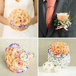 This four-part image tells the story of a wedding colour story rooted in peach roses, lilac-edged lisianthus and cloud-like baby's breath, arranged with the care of an Islington florist preparing for a morning ceremony near Canonbury Square. In the upper-left panel a bride gently holds a perfect round bouquet against her ivory dress; the centre of peach roses is plush and luminous, ringed by white lisianthus that flare with vibrant purple along their ruffled edges, and softened by clusters of tiny white baby's breath. Fingers with a simple, neat manicure cradle the stems, the handle concealed so the flowers read as an unbroken bloom mass, their velvety textures and faint sweet fragrance suggested by the image. Opposite, the groom's boutonniere sits crisply on a charcoal suit lapel: a solitary peach rose with whispering greenery and baby's breath, tied with a delicate blush ribbon that mirrors the bride's bouquet and the groom's peach tie beneath-small touches that carry the scheme through the look. The lower-left frame shows a smaller, compact bouquet laid on a neutral woven cloth; its blush ribbon trimmed with pearly pins suggests a bridesmaid's posy or a keepsake toss arrangement. The lower-right frame presents a reception centrepiece in a white woven basket-style vase, the rounded floral dome echoed by two decorative woven spheres on the table, creating a warm, textured vignette. Prepared with Canonbury Flowers' attention to seasonal freshness and local delivery, the suite displays floral craftsmanship that feels both romantic and comfortably contemporary for celebrations across Canonbury and Upper Street.