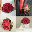 This four-part collage captures a complete red rose wedding story, the kind of coordinated floral styling often chosen by couples marrying around Canonbury, Highbury Fields, or nearby Islington venues. In the top-left panel, the bride's hands cradle a neat, rounded bouquet of crimson roses, each bloom fully open and soft-edged, clustered so closely that only glimpses of stem and polished red hypericum berries appear between them. A ring of smooth, deep green foliage cups the bouquet, creating a graceful contrast against the bright white of her gown and suggesting a design that is both luxurious and easy to carry from ceremony to reception. The top-right panel switches to the groom, showing a dark charcoal grey jacket and vivid red tie, with a delicate boutonniere pinned precisely to the lapel. It features a single red rosebud, small sprays of airy white gypsophila, fine strands of green foliage, and a few matching berries, all tied together with a slim red satin bow that echoes the bridal bouquet's warmth. Below, the left panel offers a close-up of another hand-tied arrangement: lush red roses and berries nestled among structured, dark green tropical leaves, which fold around the flowers in sweeping arcs. The stems are wrapped with a red ribbon, resting on a textured beige fabric that enhances the rich colours. In the bottom-right panel, a dome of red roses and berries forms an intimate table centerpiece set atop a white, intricately woven spherical vase made from natural fibres, accompanied by two smaller wooden orbs on a pale surface. Against a gentle beige and grey wall, the scene suggests refined reception décor, ideal for a Canonbury townhouse dinner or chic local restaurant celebration, where every floral detail has been thoughtfully harmonised.