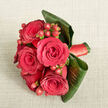 From a gentle overhead view, this bouquet appears like a small, passionate heart laid on a pale beige canvas, the fabric beneath softly textured, reminiscent of natural linen or a finely woven tablecloth in a Canonbury café. At the centre, several deep red roses-five or six in full bloom-unfold in lush spirals, their velvety petals layered so densely they seem almost touchable. Each rose feels considered and intentional, suggesting private, heartfelt words shared on a quiet walk along nearby Upper Street. Nestled between these romantic blooms are clusters of small, round Hypericum berries, their glossy surfaces reflecting a brighter red with hints of orange, adding a playful spark to the composition. These berries, carefully tucked in, break up the rose petals' softness with their firmer, bead-like texture. Surrounding everything, broad dark green tropical leaves, likely Cordyline or Ti, are artfully curled and wrapped to create a sculptural frame around the flowers. They cradle the arrangement securely, giving it both structure and a modern edge, as if designed for a chic Canonbury wedding at a local townhouse venue. A coordinating red satin ribbon is wrapped neatly around the stems, its smooth sheen catching just a thread of light and tying the reds together in a cohesive, elegant flourish. The lighting is soft and even, without harsh shadows, enhancing the natural richness of each bloom and leaf, as though the bouquet has just been set down for a photograph before same-day delivery across Canonbury and surrounding Islington streets. The mood is unmistakably romantic and celebratory, ideal for anniversaries, Valentine's Day, or as a sophisticated wedding party bouquet.