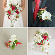 This four-paneled image captures a coordinated wedding floral suite in a classic trio of colours: crisp white, bold red and verdant green, lit by soft, diffuse light that highlights textures and form. The primary image at top-left frames the bride from the waist down, clutching a lavish cascading bouquet where wide, star-shaped white lilies converse with clusters of richly hued red roses; slender white phalaenopsis orchids spill downward like silk ribbons, their smooth petals reflecting pale tones from the neutral beige background. Interspersed sprigs of Gypsophila and bright red hypericum berries add delicate punctuation and tactile contrast, with varied foliage providing depth and a hint of wildness. Top-right shows the groom's boutonniere against a charcoal jacket and a striking red tie: a single pristine orchid blossom sits central, supported by twin berry clusters, tiny baby's-breath blooms and neat green leaves, the whole tied with a small loop of red ribbon to mirror the wider palette. The lower-left close-up of a corsage resting on woven fabric reveals artisan detail - the orchid's satiny surface, the berries' glossy beads, and a playful curl of red ribbon - evoking the gentle brush of petals against skin and a subtle garden fragrance. Bottom-right displays a sculptural centerpiece in a white woven vase, placed on a white surface and accented by spherical white décor; it repeats the bouquet's elements in a fuller form, with cascading orchids, lilies and roses creating movement and symmetry. As a local touch, this suite would sit beautifully amid Canonbury Square or a reception on Essex Road, offering a timeless, cohesive look for an intimate Islington celebration.