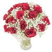 A lush, domed bouquet of approximately 18-20 deep crimson roses sits in a clear glass vase, the long verdant stems visible through the water and lending a cool, natural base to the composition. Each rose opens in velvety, fully unfurled spirals, their petals catching soft, bright light and revealing a rich, almost satin sheen that speaks of classic romance. Between and beneath the roses, clouds of delicate white baby's breath (Gypsophila paniculata) spill in feathery sprays, their tiny star-like blossoms creating an airy counterpoint to the dense red blooms and softening the overall silhouette. The arrangement is compact and rounded, built to look full from every angle: a careful balance of weight and lightness, where the intense crimson is tempered by the pristine white of the gypsophila and the fresh green of the stems. Scents mingle gently - the subtle, honeyed perfume of old-fashioned roses brushed with a hint of green stem and clean water - producing an intimate, comforting aroma rather than an overwhelming bouquet. Set against a crisp white background, every petal edge and miniature white blossom is sharply defined, giving the whole piece a luminous clarity as if caught in morning light by Canonbury's New River Walk. This is the kind of arrangement chosen to say I love you with quiet assurance: ideal for anniversaries, Valentine's Day, or a romantic surprise, it carries a timeless sentiment and the skilled touch of a florist who understands how texture, colour, and scent work together to move the heart.