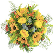 An exuberant bouquet radiates pure Canonbury joy, its design echoing the vibrant character of community and nature found along leafy Essex Road. At its heart, bold sunflowers present their iconic golden faces, petals emanating outward like rays captured from an abundant allotment. Plush yellow roses curl inward with romantic fullness, their delicate spirals hinting at timeless elegance. Between these classics, bursts of orange petals-suggestive of freesia or lively garden snapdragons-add spice and energy, while clusters of red hypericum berries glisten like tiny jewels discovered among the foliage at New River Walk. Fern fronds brush softly along the arrangement's curve, their texture light and feathery, animated by bushy sprigs of solidago in shades of fresh chartreuse. Eucalyptus leaves, tinged with subtle silvery-blue, weave serenity and balance into the palette, their herbaceous scent harmonizing with the sweeter notes of rose and sunflower. Flashes of deeper green and discreet succulents sprinkle in grounding contrast. The entire arrangement is set against a brilliant white background, framing every stem and petal as if in gallery light. Carefully composed by an experienced Canonbury florist, this bouquet is a celebration of nature's abundance and local artistry-ideal for marking a birthday, expressing gratitude, or welcoming loved ones home in the heart of North London. An elegant, joyful homage to the spirit and warmth of Canonbury.