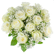 A serene, museum-clean photograph of a rounded bouquet made almost entirely of creamy white roses and tiny white gypsophila, arranged into a soft, domed silhouette against a pure white backdrop. Approximately fifteen to twenty roses sit at varying stages of bloom - some tightly furled, others half-open with gentle, satin-smooth petals that carry the faintest hint of pale green across outer guards and the subtlest golden undertone near the centers. Interwoven between the larger rose heads are clouds of baby's breath, their star-like florets creating an airy, frosted veil and lending delicate texture that contrasts the roses' velvety weight. Fresh rose foliage peeks through in bright, vivid greens, the serrated leaves and slender stems providing structure and a natural frame that makes the whites read even whiter in the soft, high-key lighting. The arrangement's symmetry and fullness reflect classic hand-tying techniques, with each stem placed to preserve a gentle rhythm and an overall feeling of quiet devotion. The image's crisp white field and diffuse light emphasize tactile details - the powdery sheen of petals, the feathery clusters of gypsophila, the cool snap of recently cut stems - evoking a calm, reflective atmosphere suitable for weddings, births, or moments of remembrance. Picture this bouquet as it might be carried from a Canonbury flat toward nearby Canonbury Square or placed on a mantel in a home near Essex Road: a modest, elegant statement of purity, comfort, and understated grace that invites the viewer to pause and breathe.