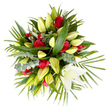 Viewed from directly above against a white backdrop, this formal, mounded sympathy bouquet reads as a composed expression of respect and quiet comfort. A dozen deep red roses are tucked through a dense carpet of greenery, their velvety petals forming small, rich hearts of colour that punctuate the arrangement without overwhelming it. White and cream lilies are the softer counterpoint; many lie as pale yellow-green, tapered buds, promising further unfolding, while one large, immaculate lily opens fully near the lower right, its trumpet of pure white petals and faint yellow stamens delicately visible. The foliage is generous and varied: broad, dark green leaves provide weight and structure, long, slender palm-like fronds fan out to soften the silhouette, and clusters of muted silver-green eucalyptus leaves add a cool, textural whisper. The overall palette of saturated crimson, creamy white, and layered greens sits in cool daylight, the clean shadows from a top-down light source underscoring the bouquet's sculptural quality. As a florist who often prepares tributes for services around Canonbury Square and nearby Upper Street chapels, I describe not only the look but the tone-the composition feels respectful, carefully balanced, and quietly consoling. The scent, if present, would be a subtle mingling of lily green freshness and the faint, spicy sweetness of rose, framed by a leafy, almost resinous hint from the eucalyptus. This arrangement is designed to convey sympathy and remembrance, to sit with flowers on a memorial table or beside a service program, offering gentle colour, thoughtful texture, and calm presence for families and friends in Canonbury and the surrounding Islington streets.