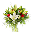 In this luminous studio shot a single, fully open creamy white Oriental lily asserts itself at the bouquet's heart, its smooth petals curved like porcelain and a pale yellow stamen and green pistil visible at the centre. Around it, numerous lime-green and buttery yellow lily buds sit at varying stages of opening, creating a feeling of promise and unfolding life. Scattered among the lilies are velvety red rosebuds and small roses, their deep crimson petals still mostly curled, offering dramatic, romantic punctuation against the lighter blooms. The flowers are cushioned and contrasted by a rich mix of foliage: broad, dark forest-green lily leaves offer structure and weight; lighter emerald palm fronds cascade outward to lend movement and a tropical whisper; and rounded, silvery-green eucalyptus sprigs thread through the arrangement to cool the palette and add soft texture. All elements are gathered in a simple cylindrical clear glass vase; through its transparent walls the fresh green stems sit submerged in clear water, the stems' straight shafts and occasional slight curves visible like the bones of the composition. Shot against a pristine white background, the bouquet's colours and textures read with pristine clarity, the white lily glowing, the red roses popping, and the greens giving depth. Imagine the scent - the lilies' powdery sweetness mingling with the warm, richer perfume of roses - and the impression of a piece that balances purity and passion. This is a refined arrangement that would work beautifully as a celebration centerpiece, a romantic gift, or a calm, reassuring presence for a bedside table, shaped with the quiet confidence of a seasoned florist working in Canonbury's light.