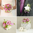A refined bridal bouquet and coordinating boutonnière are presented against a simple backdrop, their colours and textures evoking an intimate Canonbury wedding near the leafy avenues off Essex Road. The bouquet is dominated by mauve-pink roses, each head fully formed, with petals that curl gently at the edges as if brushed by watercolour. These roses sit closely together, creating a lush, rounded shape that feels both classical and contemporary. Between them, bright green button chrysanthemums peek through like tiny garden orbs, bringing energy and a hint of playfulness that keeps the arrangement from feeling too formal. Soft white lisianthus and other creamy blooms weave through the design, their ruffled, almost feather-light petals catching the light and softening every angle. Slim stems of greenery, some longer and more linear, extend slightly beyond the circular outline, giving depth and a sense of movement, like a gentle breeze along the paths of Canonbury Gardens. The bouquet's stems are neatly grouped and wrapped in satin ribbon-pale pink and white intertwined-creating a smooth handle with a subtle sheen that would sit comfortably in a bride's hands during a walk up the aisle. Close by, the boutonnière mirrors the bouquet's elegance in miniature: a single flawless white bloom with a trace of lavender ribbon and sprigs of fine greenery, ready to pin onto a suit jacket. The overall mood is tender and composed, with the soft tones and fresh textures combining to express quiet joy and the promise of a shared future.