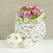 On a pristine white tabletop that catches and reflects the light, a wedding-style floral arrangement becomes the quiet star of the scene, set against a softly textured beige backdrop that recalls woven fabric or a gently plastered Canonbury wall. The flowers are gathered into a full, dome-shaped bouquet and cradled in a spherical vase crafted from white-painted twigs or wicker, each slender branch curved and interlaced to form an airy, sculptural cage. Through the openwork pattern of this modern rustic container, you glimpse hints of stems and shadow, giving the centerpiece depth and a sense of lightness. Above the rim, pastel pink roses unfurl in generous clusters, their petals velvety and layered, some edged with a slightly deeper blush that adds subtle drama. Between these roses, lively lime-green button chrysanthemums nestle like little pom-poms, their compact, rounded blooms providing a crisp contrast of colour and texture. At the base, a ring of dainty white filler flowers-resembling lisianthus or stock-spills softly over the edges, their tiny, creamy petals and faint yellow centres lending a gauzy, bridal finish. To the left of the vase, two decorative spheres made from pale wooden strips rest casually on the table, their open latticework mimicking the structure of the vase and reinforcing the natural, handcrafted feel. The whole composition suggests a moment of calm celebration, ideal as a centerpiece for a Canonbury registry office reception, a dinner party near New River Walk, or an elegant photo shoot highlighting local floral artistry.