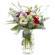 This Canonbury Flowers bouquet is a study in refined simplicity, blending heartfelt warmth with gentle sophistication. Deep red roses command the eye at the heart of the design, their velvety petals opening in full bloom to convey timeless affection. Paired with luminous white Gerberas-each petal crisp and pure, set around striking dark centers-they form a dynamic contrast, evoking the clean lines and community spirit of Canonbury's tree-lined streets. Soft, lavender-tinged lisianthus flowers are placed thoughtfully throughout, some nestled in tender bud and others open, lending delicacy and freshness. Cool silver-green eucalyptus, with its rounded leaves and subtle fragrance, weaves through the bouquet, alongside broad, glossy green foliage that grounds and frames the display-bringing a hint of the well-kept local gardens along Essex Road. Set in a classic clear glass vase where every stem is rhythmically defined, this arrangement brings an air of celebration and tranquility to any space. Ideal for marking milestones or brightening everyday moments in Canonbury, the bouquet's artistry and vitality reflect the thoughtful care of a trusted neighbourhood florist.