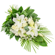 A refined white and green funeral spray lies horizontally against a bright white background, composed as a one-sided display that naturally draws the eye from the broader top left to the slimmer, pointed lower right. Large white lilies are the focal point, their petals gracefully unfurling to reveal soft, pale stamens, while unopened buds add height and a sense of continuity. Nestled among them are clusters of creamy white roses at different stages of bloom, from tight buds to partially opened flowers, along with gently ruffled white carnations and clean-petalled daisy-like flowers that echo the calm clarity of the lilies. Tiny white filler blossoms are threaded between, providing subtle sparkle and filling the spaces without overwhelming the design. Surrounding this central mass of white, an abundant framework of greenery creates depth and contrast: dark, glossy leaves suggest salal or ruscus, feathery ferns soften the edges, and rounded eucalyptus leaves introduce a silvery blue-green tone. Along one side, long, slim palm fronds extend outward like delicate green rays, giving the spray its elegant, elongated profile and a sense of quiet movement. The composition feels both classic and modern, suitable for resting on a coffin, at the front of a chapel, or beside a memorial plaque in Canonbury or nearby areas like Barnsbury and De Beauvoir. The restrained palette and careful balance of textures evoke purity, peace, and thoughtful remembrance, as though created by a local florist who understands the calm, tree-lined character of Canonbury's streets and the need for gentle beauty at a time of loss.