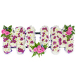 A three-dimensional floral tribute spells out the word MUM in bold, capital letters, presented against a simple white backdrop. Each letter is built on a plush foundation of small, snow-white chrysanthemums that give the piece a soft, cloud-like texture and a feeling of gentle comfort. Scattered through the white base are pinpoints of deep magenta and purple pom-pom blooms which create a delicate, rhythmic pattern and lift the monochrome with quiet depth. Clusters of vibrant pink spray roses act as focal accents: a dainty bouquet nestles at the upper left of the first M, a mirrored cluster rests at the upper right of the last M, and a larger, more generous grouping is tucked into the lower curve of the U. Dark green foliage - including fern fronds and glossy leaves - frames each rose cluster, adding fresh contrast, while tiny blue accent flowers provide unexpected, cool highlights. A narrow, almost invisible dark bar connects the letters horizontally, lending structure without overpowering the soft floral shapes, and a slender purple ribbon traces the outer edges, gently defining each letter's silhouette. Bathed in soft studio light that emphasises texture rather than harsh shadow, the arrangement reads as both a tribute and an embrace: clean, tender and carefully composed. As a local florist would explain to someone in Canonbury, this design carries traditional sympathy tones - white for remembrance, pink for love - and is intended for a funeral service, memorial or wake where dignity and heartfelt sentiment are required. The craftsmanship invites quiet reflection, the scent understated and comforting rather than sweetly perfumed.