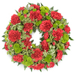 A carefully crafted circular wreath of red and green flowers is presented against a bright white background, every element of the design clear and uncluttered. The wreath itself is densely packed, so that the ring appears lush and substantial, with no gaps in the floral coverage. Deep red carnations form the main body of the arrangement, their many layered, frilled petals giving a rich, almost quilted texture that feels both luxurious and sincere. Some of the carnations are fully opened, showing wide, rounded faces, while others sit a little tighter, suggesting buds just completing their bloom, which adds a gentle sense of movement around the circle. Dotted evenly between the red blossoms are clusters of lime green button chrysanthemums, neat, round, and compact like small cushions. Their crisp chartreuse tone provides a vivid contrast to the crimson, creating an image of life and renewal that is often cherished at funerals and memorials across Canonbury and nearby areas such as Barnsbury. Supporting the flowers is a generous bed of greenery: dark fern fronds lay down a deep green backdrop, and variegated pittosporum brings lighter, cream-edged leaves that break up the depth and highlight the round shape of the wreath. Tucked into the foliage, primarily along the lower right curve, is a decorative ribbon in shades of green with subtle striping, folded into soft loops that blend with the natural lines of the leaves. The overall impression is of a dignified, traditional sympathy wreath, suitable for church services, crematorium chapels, or graveside tributes, expressing remembrance and quiet comfort.