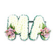 In this image, a dignified floral letter tribute spells out MA in tall, block capitals, evoking a heartfelt farewell to a beloved mum or mama. Both letters are completely carpeted with compact white chrysanthemums, their numerous petals forming a dense, cushion-like surface that looks soothing and serene. The blooms are fresh and uniform, giving the tribute a clean, polished appearance often chosen for traditional funeral flowers. A deep green ribbon trims the outline of each letter, expertly pleated to follow every angle and point. This rich emerald edge frames the snowy chrysanthemums, adding precision and a sense of craftsmanship. Where the left leg of the M meets its base and at the lower right side of the A, two co-ordinated clusters of pastel blooms soften the design. These small sprays combine lilac roses, blush pink roses, and dainty pink spray roses, their rounded heads opening at varying stages to create natural depth. Fresh greenery and a single fern frond in each cluster weave between the petals, introducing gentle movement and a hint of woodland calm, like a quiet corner near Canonbury's tree-lined streets. The tribute is set against a plain white background, with even, neutral lighting that highlights texture and detail without casting harsh shadows. Designed as a bespoke sympathy arrangement by a knowledgeable Canonbury florist, this MA lettering piece offers a touching, visually soothing way to honour a loved one at a funeral service, chapel of rest, or graveside committal.
