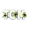A tender, bespoke funeral tribute spells out the name TOM in bold, three-dimensional letters formed from thousands of small, pristine white chrysanthemum blooms. The chrysanthemums are packed closely to create a pillowy, cloud-like texture whose soft petals catch a cool, diffused light and suggest quiet comfort. Each letter's perimeter is traced with a vivid royal blue ribbon, the colour vivid against the white and lending a crisp, dignified outline that reads clearly from a distance. Within the centre or lower face of each letter sits a small, symmetrical spray: a single deep red rose takes the focal point of each cluster, its velvety petals conveying enduring love and sorrow, while tiny ivory spray roses and pale buds nestle around the rose, their cream tones warming the composition. Slender fern fronds and glossy green foliage thread through these accents, adding feathered texture and a living contrast to the compact chrysanthemum surface. A dark green or black metal framework is subtly visible beneath the base, a practical support that allows the letters to stand upright at a graveside or chapel front. The arrangement is shown against a clean white background that amplifies the blue edging and the red focal roses, and the subtle scent is suggested-earthy green notes under a faint rose perfume, never overwhelming. As a Canonbury floral design, this piece feels measured and respectful, suited to a quiet memorial service near Canonbury Square or a farewell at a local chapel. The overall effect is one of calm dignity: a handcrafted, personalised emblem of remembrance made to comfort family and friends at the moment of goodbye.