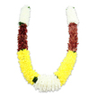 A ceremonial, U-shaped floral garland sits against a pure white backdrop, its soft shadow lending a modest sense of depth and form. At first glance the piece reads as a study in colour blocks: at each top tip a compact, cylindrical cluster of creamy white, tiny petals-suggestive of jasmine or chrysanthemum-creates a fluffy, almost cloud-like texture. These white caps dissolve into a concentrated band of deep maroon or reddish-brown, the petals closely packed so the surface reads like a velvet ribbon. The maroon then gives way to the longest, most generous sweep of bright yellow blooms that form the broad curve of the 'U'; these yellow elements are dense and plush, their small fabric petals layered to build a warm, sunlit volume. Where the two yellow arms meet at the base a generous rosette of pure white, chrysanthemum-like flowers anchors the design, appearing as a composed focal knot that balances the whole garland. Along several transitions small dark green leaf accents are tucked in like punctuation, their sober tone calming the vivid palette and imitating the look of natural separators. The craftsmanship is clear in the thousands of artificial fabric petals, each carefully arranged to mimic living blossoms and to endure ceremonial use. This style of mala is traditionally presented at Hindu puja, temple offerings, weddings and festivals such as Diwali or Holi, where the colours-white for purity, yellow for prosperity, maroon for devotion-carry meaning. Imagined on a doorframe in Canonbury or draped at a neighbourhood mandap near Canonbury Square, the garland reads as both a durable decorative object and a reverent cultural emblem, crafted with care for ritual and celebration.