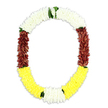 A traditional floral garland is pictured here, shaped in an open oval or U-form and isolated against a spotless white background that makes the colours glow with quiet intensity. The top portion is entirely white, made up of hundreds of tiny, tightly packed blooms, giving a gentle, cushioned texture that suggests purity and calm, like the stillness you feel wandering the residential streets of Canonbury at dawn. From this peaceful crown, the design deepens into rich maroon along both sides, the petals compact and velvety, adding depth, warmth, and a sense of ceremony that would suit a respectful farewell or spiritual gathering. At the garland's base, the colour lifts again into a generous band of bright yellow flowers, arranged in a smooth, rounded curve that feels open-hearted and welcoming, offering a subtle hint of optimism even in times of loss. Small touches of deep green foliage are positioned thoughtfully where the colour sections meet, particularly between white and maroon and around the junctions of yellow and white, acting as natural separators and giving the impression of a carefully tended garden. The overall construction is symmetrical and dense, with no visible gaps, reflecting meticulous craftsmanship and patient threading of each bloom. There is no visible ribbon or clasp, so the garland appears to float, its form and colours speaking for themselves. This type of mala, whether fresh or crafted to last, would be fitting for religious offerings, temple decor, or as a floral tribute at a Canonbury memorial service, conveying respect, remembrance, and a quiet blessing in its harmonious blend of white, maroon, yellow, and green.