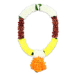A richly coloured artificial garland designed for ceremonial and funeral tributes is shown in full view against a pure white background, its U-shaped form hanging as if ready to be placed around a framed photograph or sacred image. At the top, tightly clustered white petals create a snowy, cloud-like collar, symbolising purity and peace, similar to the calm atmosphere on quieter Canonbury side streets. Between these white segments, small bands of bright green leaves are woven in, lending a fresh, natural contrast that suggests living foliage and thoughtful craftsmanship. Moving down each side, the garland shifts into deep maroon-brown petals, their darker tone and plush texture imparting a sense of gravity and reverence, well suited to funeral services and remembrance gatherings. These maroon sections then ease into wide stretches of bright yellow petals along the lower arc, the sunny hue carrying warmth and gentle hope, like candlelight flickering at a vigil. Just above the base, on both sides, narrow stripes of white petals interrupt the yellow, providing balance and drawing attention toward the central feature. Hanging from the lowest point is a large, spherical pendant made of tightly packed orange petals, reminiscent of a marigold pom, full and bountiful. The entire garland appears soft and voluminous, each artificial petal meticulously positioned to echo the look of freshly strung flowers from a skilled local florist. Ideal for Hindu religious rites, temple offerings, or funeral tributes in and around Canonbury, this mala-style garland offers a respectful blend of tradition, colour, and heartfelt farewell.