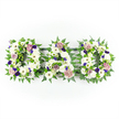 Three floral letters spelling out DAD are arranged horizontally in the centre of the frame, set against a flawless white background that allows every element of the design to be clearly seen. Each letter is densely filled with pristine white chrysanthemums and daisy-like blooms, their rounded petals layered closely together to create a luxurious, velvety surface that looks soft and comforting. Amid the whiteness, smaller white roses and lisianthus add subtle variation in shape and texture, like gentle whispers of farewell. The outlines of the letters are traced with abundant green foliage - mainly fine, arching fern fronds and other glossy leaves - which wrap around the forms and slightly spill outward, giving the tribute a natural, almost garden-like feel reminiscent of the green corners of Canonbury's squares and walkways. Scattered among the white flowers are carefully placed accents of colour: deep royal-purple blossoms recalling violas or pansies, along with clusters of purple spray carnations or chrysanthemums that offer a rich, dignified contrast. Softer touches of lavender and pale mauve roses, some in bud and some just opening, introduce a sense of tenderness and personal connection, as though chosen to represent cherished memories and spoken words. The light is bright and even, similar to daylight in a calm room, revealing the craftsmanship and care that went into shaping each letter. This traditional DAD floral tribute is designed for funerals, memorials, or graveside visits in and around Canonbury, offering a clear and heartfelt message of love, remembrance, and respect for a father who is deeply missed.