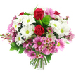 Against a simple white background, a rounded bouquet bursts with reds, whites, and soft pinks, evoking the quiet charm of Canonbury's tree-lined avenues. Two prominent deep red roses sit at the heart of the arrangement, their velvety, tightly coiled petals rich with romantic meaning and perfect for marking an anniversary, a proposal, or a simple yet honest I care sent across Islington. Surrounding the roses is a cluster of white daisy-like chrysanthemums, each crisp petal curling away from a vibrant lime-green centre that adds freshness and a slightly playful character, reminiscent of springtime walks along New River Walk. Around and between the white blooms, numerous pink chrysanthemums unfold, spanning gentle pastel to a more confident medium pink, all linked by the same bright green eyes that give the bouquet unity and sparkle. Interspersed among these larger blossoms are fine, branching sprigs of pale pink waxflowers; their tiny, starry petals and slender stems weave an intricate, gossamer-like texture through the bouquet, softening the dome shape and inviting a closer look. The flowers are supported by lush green foliage, with broad, glossy leaves and lighter greens cradling the blooms and adding depth, contrast, and a sense of garden freshness. At the base, the stems are neatly trimmed and tightly bound in a hand-tied style, ready to be placed in a favourite vase on a Canonbury kitchen table, a desk near Essex Road, or a windowsill overlooking Upper Street. The arrangement feels uplifting and sincere, ideal for birthdays, thank-you gifts, get-well wishes, or simply bringing a touch of natural beauty into a Canonbury home.