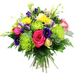 A round, hand-tied bouquet bursts with colour against a bright white background, every bloom crisp and vibrant, evoking the feel of a freshly arranged display from a Canonbury florist. At the heart of the design, hot pink roses are fully open, their velvety petals curling outward in lush spirals that exude warmth and affection. Encircling them, lime-green spider chrysanthemums form a lively ring, their slender, needle-like petals radiating outwards in a striking chartreuse halo that adds modern edge and visual excitement. Deep indigo and royal purple lisianthus blooms thread in and out of the brighter tones, with some flowers unfurled into graceful, ruffled cups and others remaining in smooth buds, creating a sense of rhythm and unfolding life. Bright yellow gerbera-style daisies provide sunny highlights, their neat petals and bold centres suggesting smiles and shared celebrations in Canonbury homes and cafés. Towards the lower part of the bouquet, a single pale cream-to-yellow rosebud is nestled among the leaves, its tightly wound form offering a softer, more contemplative note. Tiny filler flowers in shades of lavender, blush pink, and periwinkle peek out here and there, while slender white buds reach gently upwards, adding airy lightness and detail. A lush foundation of dark green foliage-broad, glossy leaves, rounded eucalyptus-like stems, and feathery fern fronds-cradles the colourful blooms and enhances the bouquet's full, rounded silhouette. The hand-tied stems are visible at the base, neatly gathered and ready for a favourite vase. This bouquet feels joyful, fresh, and thoughtfully composed, perfect for birthdays, anniversaries, thank-you gestures, or simply bringing a burst of uplifting colour to a Canonbury living space.