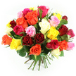 A lavish, multi-coloured rose bouquet is captured in bright, diffused light against a clean white backdrop, its generous, rounded shape giving an immediate impression of abundance and care. The arrangement is tightly composed, with each rose head nestled closely to the next so that the eye travels across a continuous tapestry of colour rather than isolated clusters. Rich crimson and deep ruby roses hint at romance and passion, while softer pastel pinks and brighter fuchsia blooms introduce layers of affection, gratitude, and fun. Lively yellow roses sparkle through the design like sunlight, balanced by warm orange tones that feel almost autumnal, yet cheerful enough for any season. Scattered among the stronger shades, creamy white and ivory roses offer a gentle counterpoint, their pale petals softening the overall effect and adding a touch of refinement. The textures are detailed and realistic: tightly layered petals curl gently at the edges, some roses fully open as if at their peak, others still in bud form, promising more beauty to come. Around and beneath the flowers, deep green rose leaves provide a fresh, natural contrast, indicating healthy stems and recent cutting. The stems are drawn together at the base and tied with a green and white checkered ribbon, creating a classic, hand-tied look that feels very much like something a Canonbury florist would prepare for same-day delivery to homes off St Paul's Road or along Canonbury Park North. The overall mood is uplifting and versatile, suited to birthdays, anniversaries, thank-you gestures, or simply brightening a quiet corner of a North London flat.