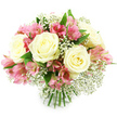 A carefully hand-tied bouquet of creamy white roses, pink alstroemeria, and soft clouds of baby's breath is displayed against a flawless white background, showing off its rounded, symmetrical form in crisp detail. At the centre and across the upper surface, fully opened white roses form the main structure, their petals layered in silky spirals that fold back just enough to reveal soft, pale yellow hearts, giving the blooms a gentle warmth. Between these roses, clusters of alstroemeria in shades of rose and fuchsia pink arch gracefully, each trumpet-shaped flower marked with fine, darker stripes and freckles that add character and depth, like brushstrokes on a canvas. Weaving through the entire bouquet are delicate sprigs of Gypsophila, or baby's breath, their numerous tiny white blossoms forming a light, misty texture that softens the edges of the arrangement and lends it a romantic, almost bridal feel. The supporting foliage is a rich green, with smooth, slightly glossy leaves emerging here and there to frame the flowers and create a fresh, garden-inspired contrast, echoing the greenery found in Canonbury's pocket parks and tree-lined avenues just off Upper Street. At the bottom, the stems are clearly visible, cut evenly and bound tightly, showing the care and skill typical of Canonbury Flowers, whose local florists often craft similar bouquets for homes and events across Islington. The lighting in the image is bright and even, casting minimal shadow so that every petal, leaf, and sprig stands out sharply. This bouquet conveys gentle celebration and heartfelt sentiment, making it a versatile choice for birthdays, anniversaries, or thank-you gifts, ideal for same-day flower delivery around Canonbury, Highbury, and the surrounding North London neighbourhoods.