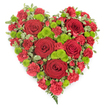 A lush, heart-shaped floral arrangement in vivid red and green stands out clearly against a plain white background, its symmetry and fullness immediately catching the eye. The heart is densely composed of rich red flowers, anchored by several large roses whose velvety petals swirl inward like soft, crimson shells. Between and around them, ruffled red carnations pack every gap, their frilly edges overlapping to create a plush, textured surface that makes the heart feel generous and embracing. Dotted throughout the design, bright lime-green button chrysanthemums appear as neat, rounded cushions of tiny florets, their fresh colour cutting through the red and bringing a sense of brightness and renewal. Along the outer contour of the heart, variegated green-and-cream foliage, likely pittosporum, gently frames the flowers, lending definition to the shape while echoing the garden-like feel of a walk through nearby Canonbury gardens or Highbury corner greens. A few delicate fern fronds peek from the lower tip of the heart, adding a soft, trailing detail that gives the design a natural, almost woodland touch. The flowers are arranged so closely that the heart feels solid yet tender, like a tangible expression of love offered at a funeral or memorial service. Crafted in the style of Canonbury Flowers for local delivery to churches, chapels, or family homes, this tribute is perfectly suited to moments of farewell, conveying enduring affection, heartfelt sympathy, and the memory of a life that remains cherished within the hearts of those left behind.