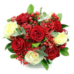 A lush, rounded bouquet of roses is captured against a bright white backdrop, its colours and textures carefully composed to feel both luxurious and inviting. At first glance, the deep red roses command attention, their velvety petals layered in generous spirals that suggest a classic, romantic gesture. Interwoven between them, creamy white and soft pale-yellow roses gently lift the palette, bringing a sense of calm balance, like soft lamplight spilling from a Canonbury townhouse window on a quiet evening. Delicate clusters of fine red filler blooms, similar to dyed red gypsophila, lace through the arrangement, creating a gauzy, almost cloud-like texture that softens the bolder shapes of the roses. Scattered among the petals, polished red hypericum berries add a glossy, bead-like accent, evoking holiday warmth and the feeling of a special occasion, much like the festive atmosphere along nearby Upper Street in winter. Framing the bouquet is a generous layer of greenery, combining smooth, deep green leaves with distinctive round eucalyptus foliage in muted silvery-green tones, which adds freshness and a gentle sense of movement. The stems appear to be anchored in a clear glass-style base, partially wrapped or edged with a green and white check design that hints at a carefully prepared gift, ready for local delivery. The lighting is even and flattering, revealing every curve and contour of petal and leaf while keeping the overall mood soft, intimate, and welcoming. This bouquet seems ideal for a romantic dinner, a heartfelt anniversary surprise, or a meaningful thank-you to someone in Canonbury, conveying affection, appreciation, and quiet celebration in one graceful design.