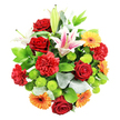 Captured from directly above on a clean white background, this rounded mixed bouquet looks full, joyful, and meticulously crafted, every flower pressed closely together to form a rich tapestry of colour. At its core are sumptuous deep red roses, their petals plush and velvety, paired with matching red carnations whose frilled edges add a soft, cloud-like texture. Threaded through these passionate tones, bright orange and golden yellow gerbera daisies stretch out their daisy-like petals, each bloom with a darker centre that adds contrast and a hint of contemporary style, much like the mix of classic and modern homes around Canonbury. Rising elegantly above the main cluster, several Oriental lilies display wide petals brushed in soft pink and white, some lilies fully open to show speckled throats and long stamens tipped with golden pollen, while others remain in smooth, upright buds suggesting the bouquet will continue to evolve over the coming days. Nestled between these larger flowers are compact lime green button chrysanthemums, their neat, rounded heads contributing a lively citrus-green note and a fresh, tactile dimension. The entire arrangement is encircled by a collar of foliage, combining glossy dark green leaves with lighter, silvery-toned stems reminiscent of eucalyptus, which lend depth and a subtle, calming balance to the brighter colours. Altogether, the bouquet conveys joy, affection, and celebration, ideal for marking birthdays, anniversaries, or simply sending a thoughtful same-day delivery to someone in Canonbury or nearby Islington. The overhead composition and bright backdrop draw attention to the florist's skilled hand, revealing how thoughtfully each bloom has been positioned to create a harmonious, uplifting piece.