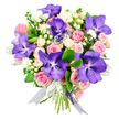 Captured against a pristine white backdrop, this opulent bouquet feels both contemporary and timeless, as though it has just been lifted from the workbench of a skilled Canonbury florist. The eye is immediately drawn to the generous Vanda orchids, their petals painted in intense shades of purple and indigo, each bloom flecked with a fine lattice of pale spots that lend a sense of depth and movement. Cradling these exotic flowers are softly blushing pink roses, some tightly furled, others opening into sumptuous, layered cups that suggest gentle fragrance and warmth. Creamy white spray roses nestle among them, smaller in scale yet plentiful, creating a cushion of light that makes the deeper hues glow even more vividly. Threaded throughout the bouquet are fine sprays of dainty white flowers and clusters of waxy hypericum berries in clean white and cream, which catch the light like tiny orbs. Silvery, velvety dusty miller leaves weave through the composition, their frosted appearance evoking cool morning air drifting through Canonbury's garden squares. Deep green, glossy foliage supports the whole design, giving it a rounded, generous silhouette and a sense of natural abundance. At the base, a sheer ribbon in shimmering silver and soft lilac encircles the stems, tied with understated precision, its trailing ends adding a final note of grace. The overall impression is one of elegant celebration, ideal for a romantic gesture sent to a townhouse off Essex Road, a refined birthday surprise, or a thoughtful arrangement to bring serenity and beauty into a Canonbury living room bathed in soft afternoon light.