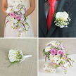 This collage of four wedding flower photographs feels like leafing through a Canonbury couple's wedding album, each frame revealing a different piece of a carefully curated floral story. In the top left, a bride stands in her white lace gown, visible from the waist down, cradling a cascading bouquet that seems to flow like water. Large white phalaenopsis orchids with soft yellow throats curve outward among blush pink garden roses, pale lavender stock, delicate baby's breath, and loose green foliage, with darker pink, almost fuchsia, spiky blooms threaded through for depth and drama. The bouquet trails gracefully, suggesting a romantic walk from a Canonbury church towards a reception near Upper Street. In the top right image, the groom's dark, nearly black suit lapel becomes a canvas for a single white orchid boutonniere. The orchid is framed by fine sprigs of baby's breath and narrow green stems, and the stems are wrapped tightly in a neat band of white satin ribbon, contrasting beautifully with his vivid red tie and patterned shirt. Bottom left, that same boutonniere style rests on a light beige textured fabric, allowing close study of the petals' velvety surface, the gentle curve of each stem, and the precise binding that shows a florist's experienced hand. Finally, the bottom right frame expands the theme into a reception centerpiece: white orchids, soft pink roses, lilac stock, and baby's breath nestle into a white woven cylindrical vase, echoed by two decorative white spheres beside it. The shared palette of white, pink, and lavender unites bouquet, buttonholes, and table design into a refined, cohesive setting, perfectly suited to intimate weddings around Canonbury's leafy streets.