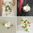 This four-part image gently tells the story of a coordinated wedding flower suite, the kind often seen at intimate ceremonies around Canonbury Square or along St Paul's Road. In the top-left frame, the bride is shown from the chest down, holding a dramatic cascading bouquet against a warm beige background. Her white bridal gown carries a subtle texture, allowing the flowers to take centre stage. Large white oriental lilies, their trumpets open and fragrant, form the core of the design, while delicate Phalaenopsis orchids drift downward in a fluid waterfall. A single cream-yellow rose glows at the centre, embraced by bright green spherical blooms, tiny white gypsophila, and jewel-like red berries, all softened with fine strands of green foliage and grasses. The top-right panel focuses on the groom, dressed in a dark charcoal or black suit with a bright red tie and crisp white shirt. On his lapel sits a carefully crafted boutonnière: a single white orchid blossom paired with a small tuft of green pompon flower and white filler, bound with a vivid red ribbon that mirrors the tie and berries. In the bottom-left close-up, that same boutonnière rests on light beige, linen-like fabric, its textures made clear-the satin sheen of the ribbon, the smooth orchid petals, the fresh green leaf and stems. The bottom-right frame reveals the full bridal bouquet standing in a white woven basket-style vase on a bright white tabletop, with three white woven decorative balls nearby. Every lily, orchid, berry, and green accent is visible, suggesting a reception setup for guests arriving from nearby Highbury and Islington, ready to celebrate.