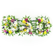 The photograph shows a striking funeral flower tribute spelling out DAD in three separate capital letters, arranged side by side across a bright, plain white background. Each letter has been shaped on a generous edging of rich green fern, the fine fronds overlapping to give a soft, natural frame that firmly outlines the D, A, and D. Within these green borders, the florist has packed a dense field of white blooms-mainly full chrysanthemums and large-faced white gerbera daisies-so closely that the letters look plush and almost pillow-like. Scattered through the creamy white petals are clusters of sunny yellow gerberas and miniature yellow spray roses, their warm tones echoing the glow of shared family memories and adding a gentle sense of comfort. Interwoven between the yellows and whites are deeper touches of colour: velvety purple lisianthus, sprays of rich magenta or deep pink roses, and little tufts of lavender-coloured filler flowers. Small, bright green button chrysanthemums and other light green accents provide extra freshness, helping each letter stand out in clear relief. The three designs are linked on slim, dark rails that fade into the background, creating one continuous word while keeping the focus on the flowers themselves. This kind of personalised tribute would feel at home in a Canonbury chapel or resting in a hearse travelling along nearby streets towards Highbury or Barnsbury, offering a loving and dignified farewell to a much-missed dad, with every stem placed to express remembrance and affection.