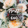 A close, detailed view of a lavish Florist's Choice bouquet arranged against a dark, moody backdrop - the picture reads like a late-summer garden paused at golden hour. At the center a velvety, deep burgundy dahlia anchors the composition; its tightly packed, almost black-red petals catch soft directional light and create a dramatic, tactile focal point. Clustered around it are buttery garden roses in creamy white, soft peach and blush apricot tones, their ruffled petals unfurling in layered, romantic spirals. Sprigs of silver-blue eryngium (sea holly) push slender, spiky texture into the roundness of the blooms, introducing a cool, architectural contrast that makes the warm roses sing. Small pale green-to-cream berries, likely hypericum, dot the arrangement with glossy, delicate punctuation, while varied eucalyptus and other lush greens weave between stems, their matte and silvery leaves lifting the palette and adding a fresh, aromatic coolness. The lighting is gentle but directional, bringing out petal sheen and the subtle hairs on the thistle, and the whole bouquet feels abundant yet artfully composed - the kind of bouquet you would trust to convey comfort, celebration, or deep affection. Over the floral backdrop a faint, semi-transparent white square frame with soft rounded corners contains black lettering: an elegant script reads Florist Choice above a clear, bold price, ?60, signalling a thoughtfully curated, professional selection. This image evokes craftsmanship, seasonal freshness, and the quiet confidence of an experienced florist, the kind of arrangement one might choose for an intimate wedding, anniversary, or a thoughtful gift delivered across Canonbury and nearby Islington streets.