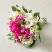 Set against a pale beige linen backdrop with a gentle woven texture, this hand-tied bouquet feels like a moment of celebration quietly waiting to happen somewhere off Upper Street in Canonbury. The central stars are generous hot pink peonies, their petals lavishly layered and slightly tousled, forming rounded, cushiony blooms that seem almost too full to contain. Each peony glows with saturated colour, shifting from intense fuchsia at the core to slightly softer edges, creating a sense of depth and warmth. Nestled between them, white alstroemeria blossoms unfurl in smaller clusters, their narrow petals edged with soft curves and punctuated by fine specks and slender streaks of muted pinks and browns along the throat. These subtle markings lend an air of delicacy and wild charm, like flowers freshly gathered from a hidden garden off Canonbury Square. Sprigs of firm green buds push upward among the open flowers, adding an architectural contrast with their pointed forms and a suggestion that more blooms are still to come. Surrounding foliage in deep, polished greens threads through the arrangement, filling small gaps, framing each head, and making the colours feel even more vivid. The bouquet is shaped into a rounded, dome-like form, narrowing to a clean cluster of stems bound smoothly with a soft pink ribbon that wraps the base with a romantic, slightly formal touch. It evokes the feeling of a bridal bouquet or a special anniversary gift, fresh and vibrant, suitable for same-day delivery to homes and venues throughout Canonbury and nearby Islington.