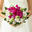 A close-up bridal bouquet brimming with magenta peonies and white alstroemeria is shown against the gentle backdrop of a wedding dress, the whole image bathed in soft, natural light that might easily be streaming through a townhouse window off Upper Street in Canonbury. The peonies form the lush, beating heart of the bouquet, their ruffled petals layered so densely they seem almost cloud-like, each curl of magenta edged in a slightly deeper tone. Around them, white alstroemeria blossoms create a halo of brightness, their petals marked with fine burgundy speckles and veins that add quiet intricacy. Threaded through the arrangement, slim stems tipped with pale green buds introduce a sense of movement and renewal, as though the bouquet is still very much alive and growing. Strong, fresh foliage forms a protective collar, the leaves cool green and slightly textured, giving the hands that hold the bouquet something solid and reassuring to rest against. Light glances off the petals, catching subtle shadows deep within the peonies' centres and tracing the delicate contours of each alstroemeria bloom. The overall impression is one of modern elegance with a timeless soul, perfectly suited to a Canonbury registry office ceremony or a chic gathering in a local garden. There is an imagined fragrance too: understated yet present, a gentle mingling of green stems, just-opened blossoms, and the faint, romantic sweetness of peonies. This bouquet feels both luxurious and deeply personal, like a quiet promise held close to the heart as the bride takes her first steps down the aisle.