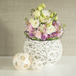 A carefully composed, airy bouquet sits proudly on a clean white shelf, the arrangement's pastel palette softened by the surrounding warm greige wall. Prominent are generous white and creamy yellow lisianthus (Eustoma), their multi-layered petals unfurling with a satin softness that suggests a delicate, tea-scented perfume. Around them gather clouds of soft pink Stock that add volume and a subtle romantic scent in the imagination, while small spiky purple Allium heads provide contrast with their geometric, almost starburst forms. Lush green foliage is woven through the group, and a neat ribbon of darker green leaves circles the base, tying the composition together with an intentional, crafted finish. The bouquet is seated in a striking spherical white vase built from many slender, interlaced branches; the open lattice allows glimpses of stems and water within, creating a dialogue between solidity and transparency. Two natural-timber woven spheres lie to the left on the white surface, one larger than the other, mirroring the vase's woven language and bringing a touch of rustic texture to the contemporary scene. The soft, diffused light highlights petal edges and the tactile quality of the woven materials, producing a tranquil, welcoming ambience. This arrangement reads as a refined centrepiece for a Canonbury sitting room or a gentle gift for someone in nearby Essex Road or New River Walk, offering both visual calm and a quiet, hand-crafted charm.