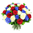 A full, rounded bouquet of roses in vivid red, snowy white, and bold royal blue fills the centre of the image, composed so precisely that it almost looks like a living, floral globe. The arrangement is tightly packed, with each rose nestled closely to the next, creating a lush, seamless dome of colour that leaves no empty spaces, only layer upon layer of petals. Deep crimson roses anchor the design with warmth and depth, pure white roses introduce light and softness, and striking blue roses add an unexpected, contemporary edge that still feels unmistakably patriotic. Some blooms are fully open, revealing intricate spirals and velvety textures, while others remain slightly cupped, suggesting freshness and longevity. Slivers of dark green foliage slip between the flower heads, their glossy leaves catching subtle highlights and helping to separate the colours, a touch of nature that enhances the intensity of the red, white, and blue. Below, the stems are gathered into a neat bundle, cut straight and clean, showing the careful preparation of a professional florist, ready to be placed into water on a mantelpiece or table in a Canonbury flat near Highbury Corner. The bouquet is photographed against a bright, uncluttered white background, which makes the patriotic colour palette stand out clearly and gives the arrangement a smart, polished look. It feels perfectly suited to national celebrations, remembrance services, or any proud family gathering, and would make a thoughtful, symbolic gift sent via same-day flower delivery across Canonbury and the surrounding Islington area.